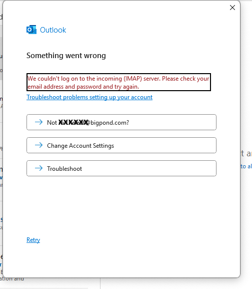 cannot log into Outlook with bigpond address
